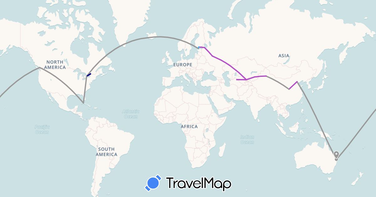 TravelMap itinerary: driving, plane, train, boat in Australia, Canada, China, Cuba, Estonia, Finland, Iceland, Kazakhstan, Russia, Uzbekistan (Asia, Europe, North America, Oceania)